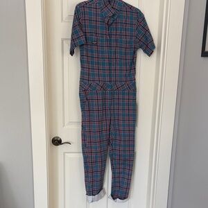 Wildfang Teal and Orange Plaid Jumpsuit